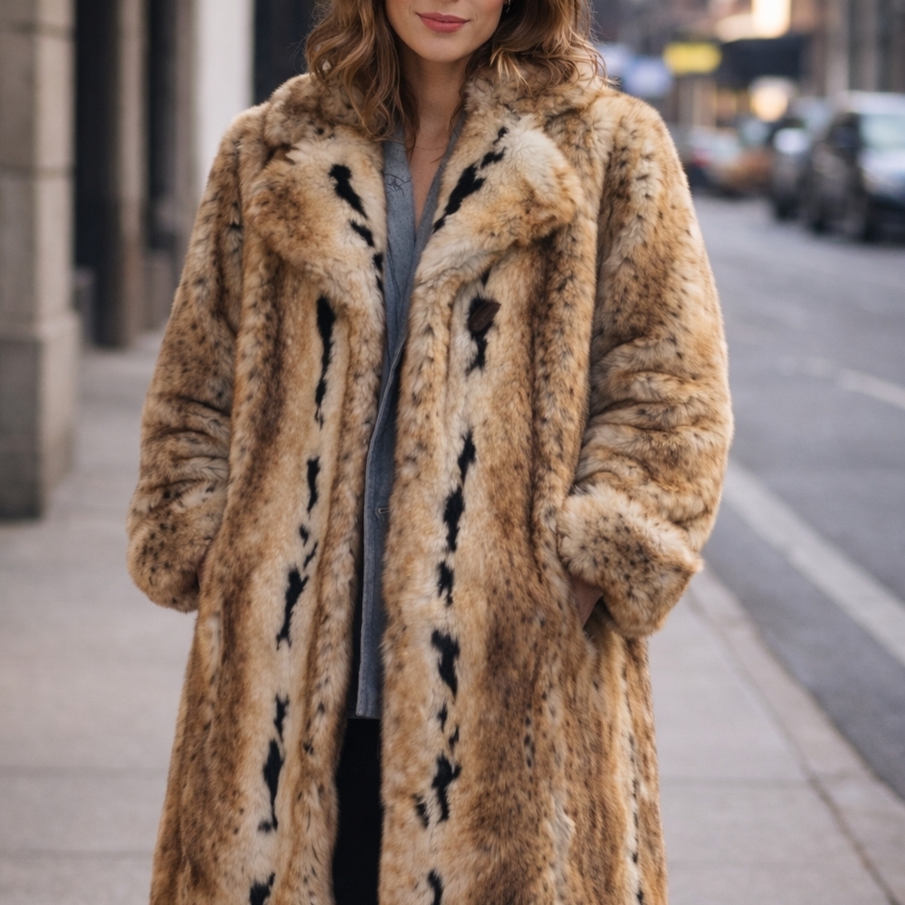 Pamela McCoy Faux Lynx Bobcat Fur Coat, Elegant Faux Fur Coat Vegan Sz Large - Picture 1 of 17